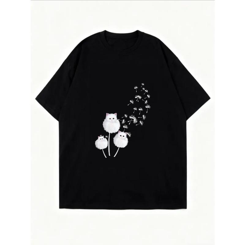 White Oversized T Shirt With Cute Cat Print For Casual Wear