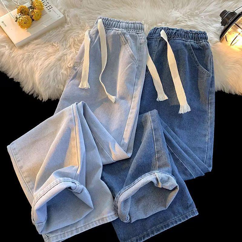 Men's Wear-Resistant Loose Fit Elastic Waist Straight-Leg Work Jeans with Drawstring for Construction Sites
