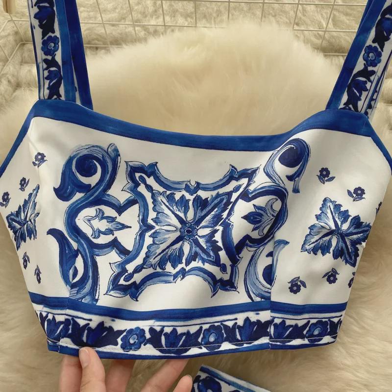 Blue & White Porcelain Print Camisole and High-Waist Midi Skirt Set for Women