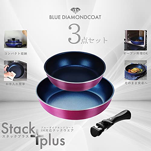 Pearl Metal Stack Plus Blue Diamond Coated IH-Compatible Cookware 3-Piece Set A, Red HB-5625