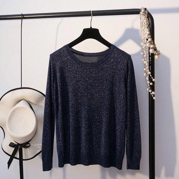 Shiny and Glittering Thin Sweater for Women Loose Knitted Sweater for Autumn Round-neck Pullover Long-sleeved Top