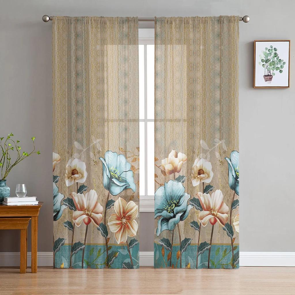Flowers Tulips Translucent Drapes for Bedroom Space Living Room Decoration Window Opening Drape for Kitchen Area Tulle Voile Organza Drapes