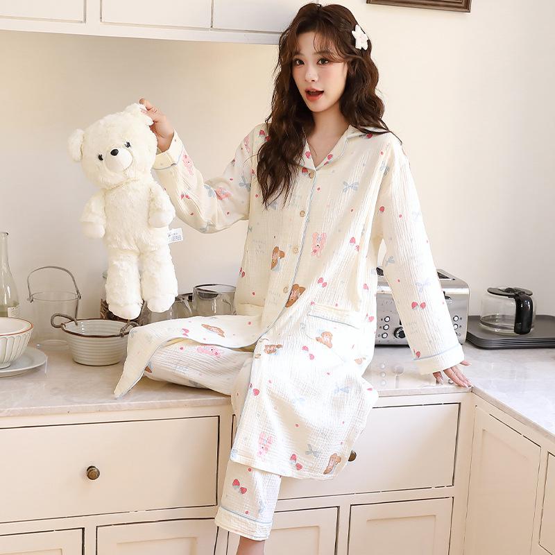 Baumwoll-Musselin Umstandspyjama-Set - Frühling/Herbst Stillnachthemd mit Hose