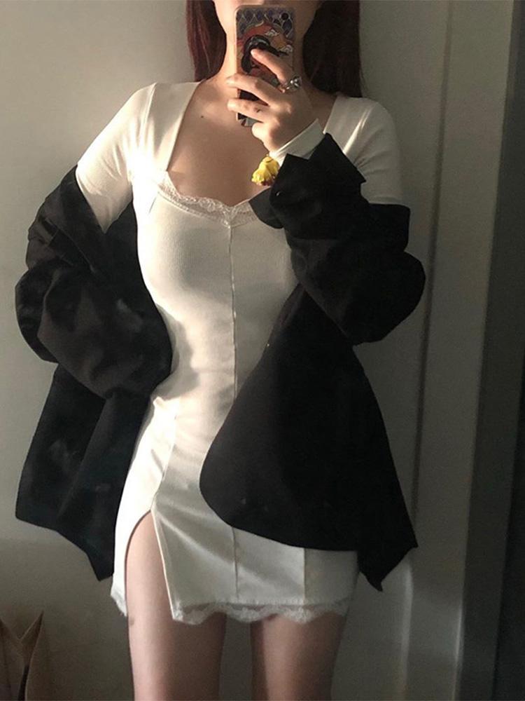 Autumn Spring Women Sexy Lace Patchwork Long Sleeve Split Dress Hip Package Mini Vestido Party Club Low Chest Outfits Cloth