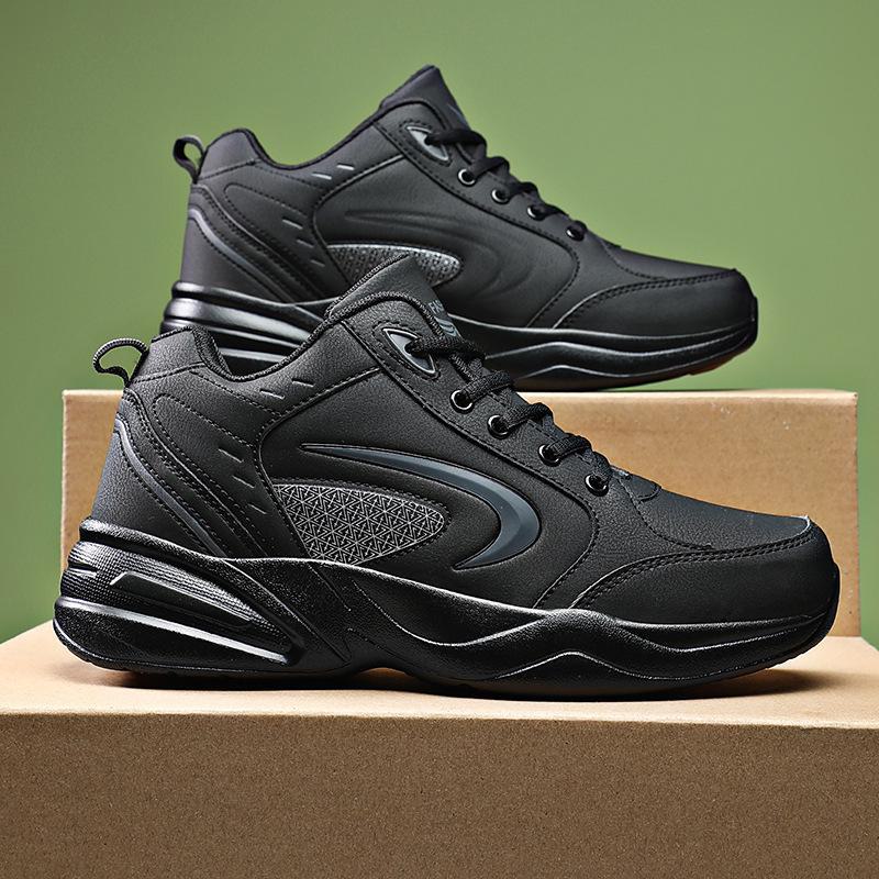 Pánské nepromokavé kožené černé sportovní boty – 2024 podzim/zima, protiskluzové, plus sametové, neformální tatínkové boty