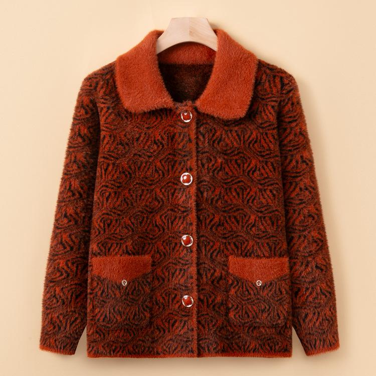 Cardigan Pull de Printemps de Grand-mère Revers Printemps Automne Âge Moyen et Personnes Âgées Mère Porte Vestes Tricotées Vêtements Âgés Plus Velours