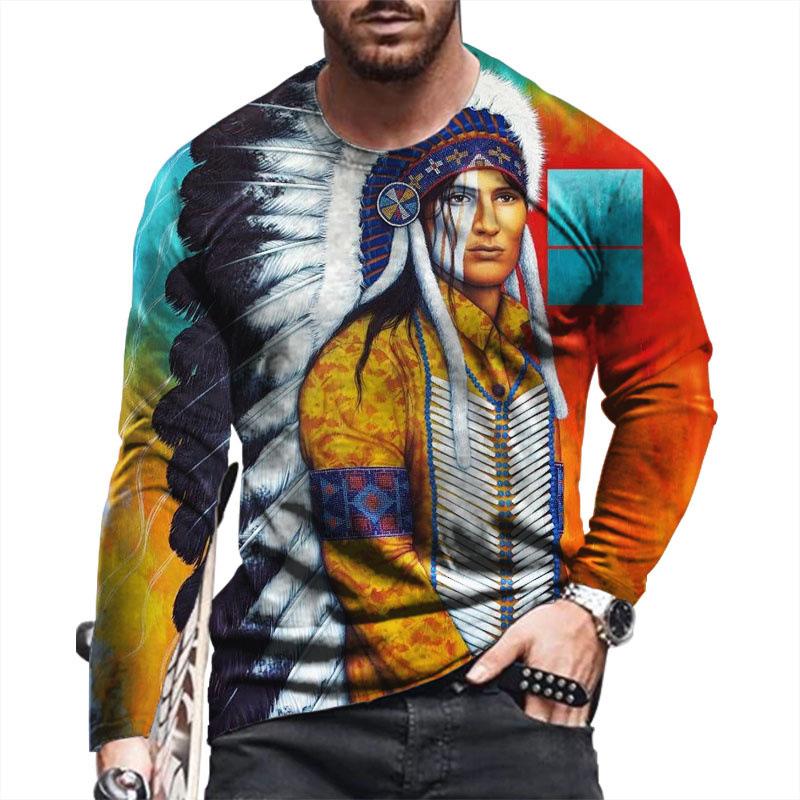 Spring and Autumn Round Neck 3D Native American Pattern Printed Top Fashionable Casual Long Sleeved Men's T-shirts