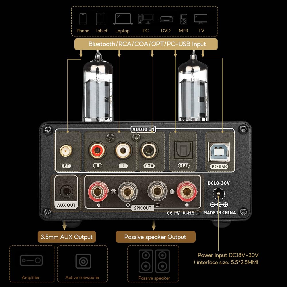 AIYIMA T9 Bluetooth 5.0 100W*2 Tube Amplifier 2.0 Channel Vacuum Tube USB DAC Stereo HiFi Home Audio Digital Amplifier with RCA/COA/Opt/PC-USB and VU