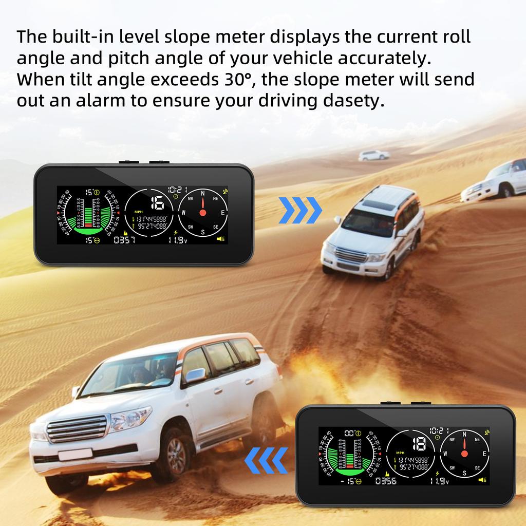 Car Head Up Display Digital Slope Meter GPS Inclinometer With Overspeed Alarm Compass Time Voltage Altitude Speedometer Gauge