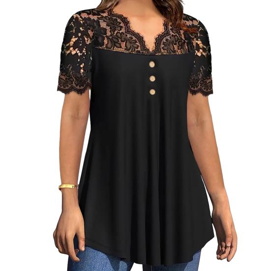 Women Tops Deep V Neckline Short Sleeve Pullover Lace Splicing Tops Pure Color Loose Hem Anti-Wrinkle