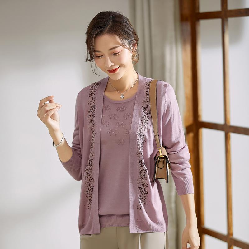 

Stylish Spring Knit Cardigan & Jacket Set for Middle-aged Women 2XL (110-120 lbs) фиолетовый