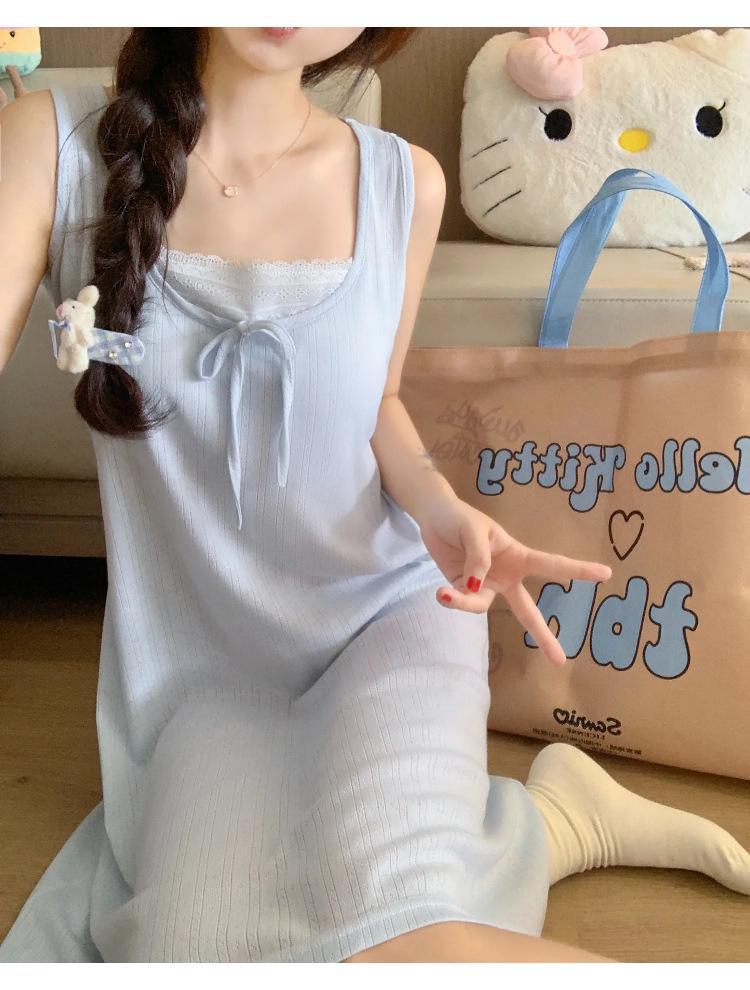 2026 Summer Blue Sleeveless Nightgown with Chest Pads - Women's Sweet Pure Desire Style