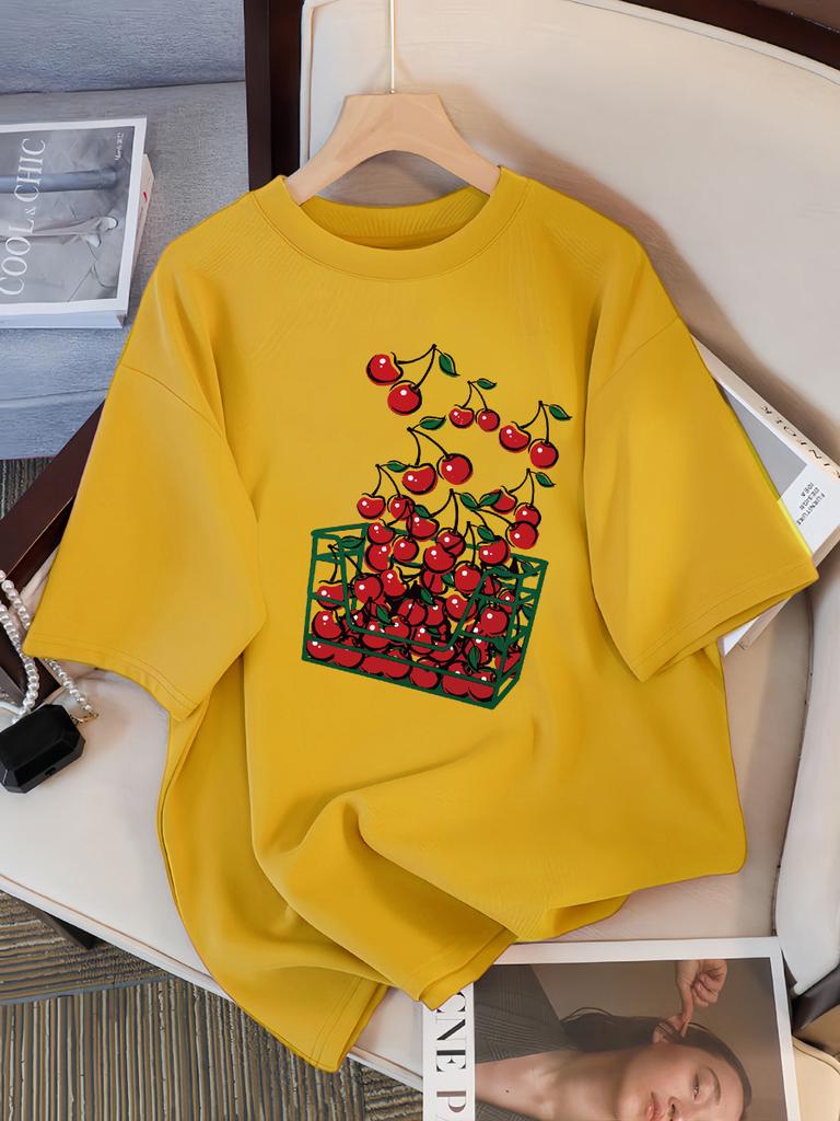 A Basket Of Cherries Printing Female Tee Shirt Breathable Casual T-Shirts Summer Short Sleeve Soft Loose Streetwear Women