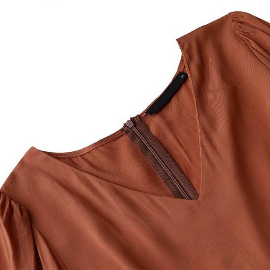V Neck Puff Long Sleeve Waist Tight High-Waist A-Line Elegant Dress Autumn Solid