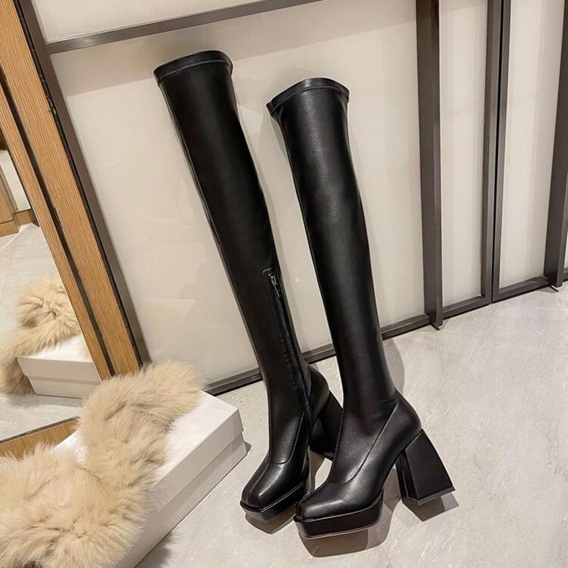 Schwarze Overknee-Stiefel mit dicken Absätzen für Damen im Punk-Stil, Herbst/Winter, klobige Plateaustiefel, Partyschuhe, Damen
