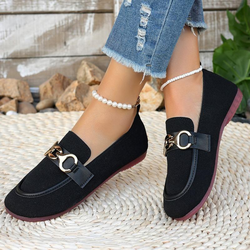 Women's Shoes Spring and Autumn New Korean Round Toe Shallow Metal Buckle Low Heel Flat Comfortable Casual Single Shoes