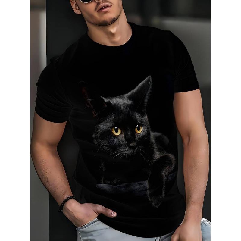 3D Cat Animal Pattern Short Sleeved T-shirt for Summer, Breathable and Sweat Proof Top Men's T-shirts