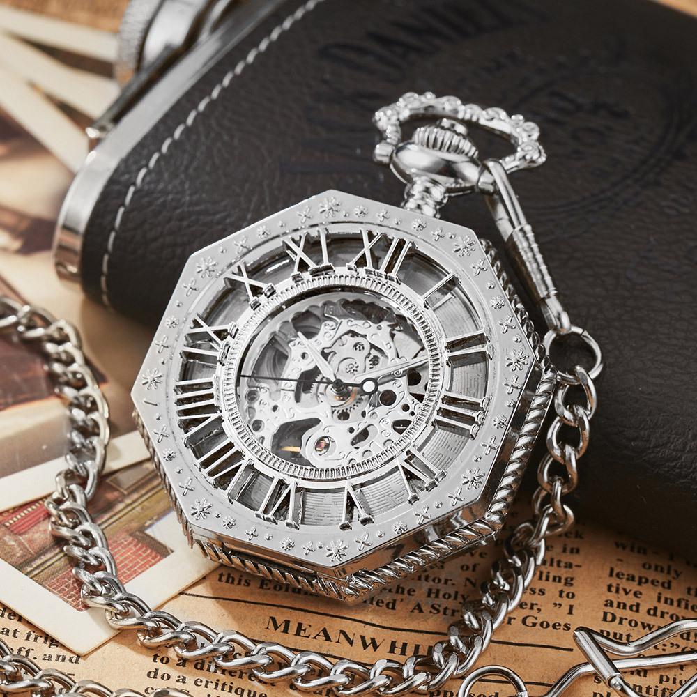 Skeleton Pocket Watch Engraved Octagonal Mechanical Pocket Watch Vintage Roman Blue Numerals