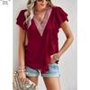 DX~~Short Sleeved Shirt Women's Summer Style Commuting V-neck Ruffle Top
