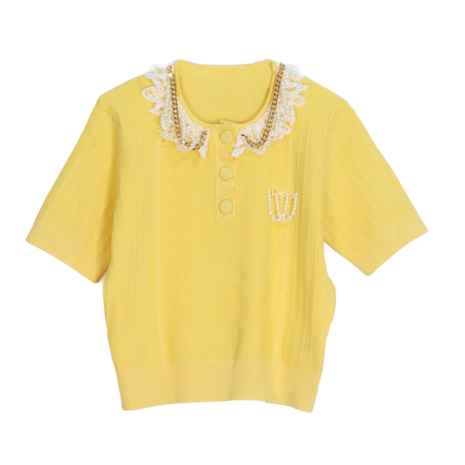 

Lafite Весна 2025 Классический трикотажный топ с 3D плиссированным воротником и короткими рукавами, украшенный бусинами Small