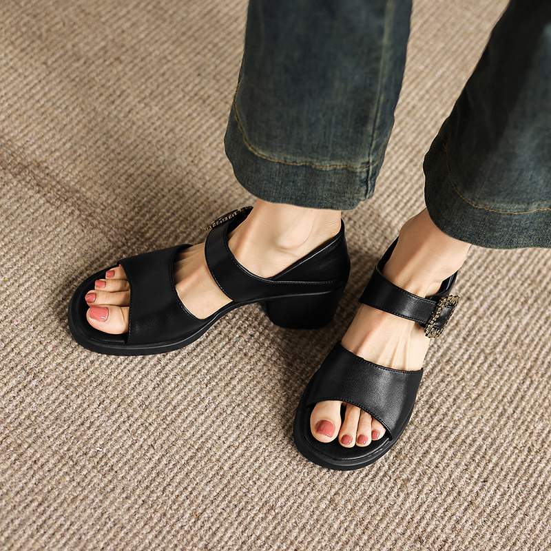 Krazing Pot Microfiber Fashion Thick Med Heels Peep Toe Shoes Metal Buckle Summer Size 43 Size 42 Platform Women Sandals