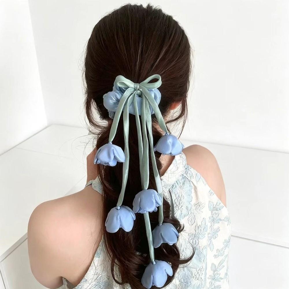 Long Streamer Bell Orchid Scrunchie Fairy Style Bell Flower Ponytail Holder  Birthday Gift