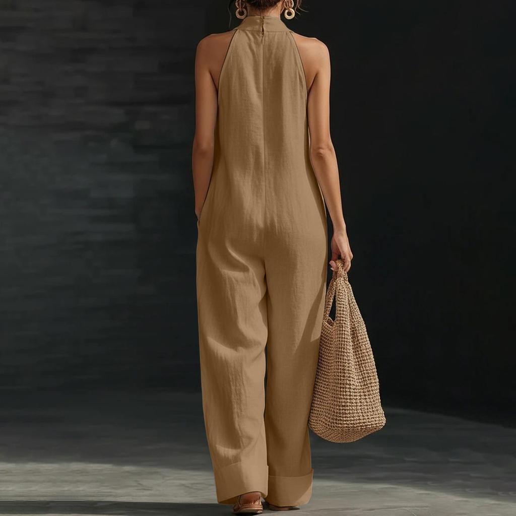Mono de Pierna Ancha con Cuello para Mujer Ajuste Holgado Sin Mangas Pantalones Largos Ropa Casual Ligera con Bolsillos