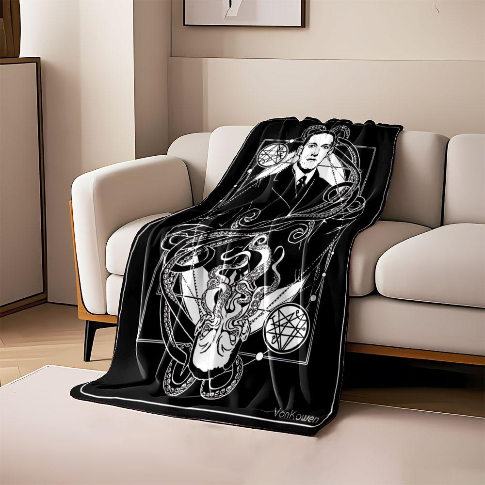 A Symmetrical Design Features a Man, Tentacles, Symbols, and Geometric Shapes. for All Seasons Blanket Lunch Break Throw Gift