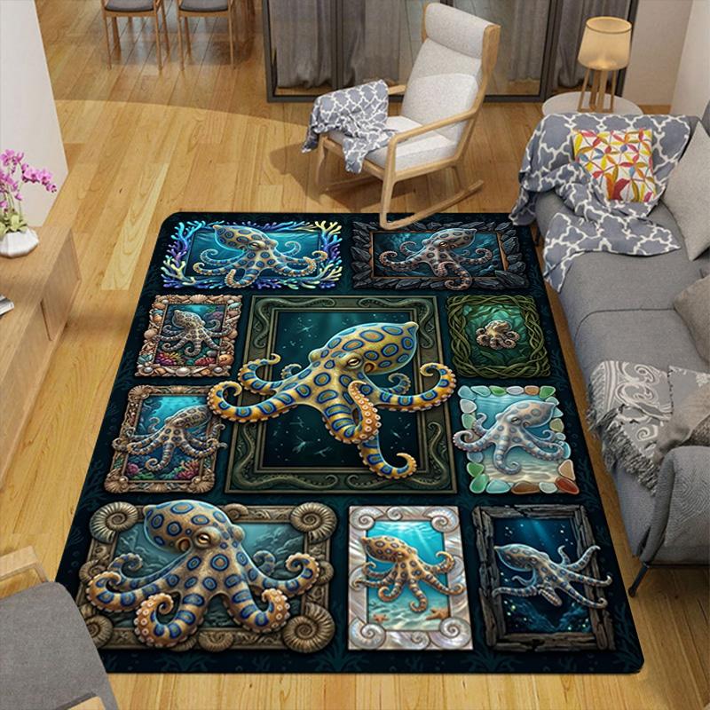 Ocean Octopus Frames Pattern Rug Floor Mat for Living Room or Bedroom Soft and Comfortable Carpet a Gift for Birthday and Holiday.