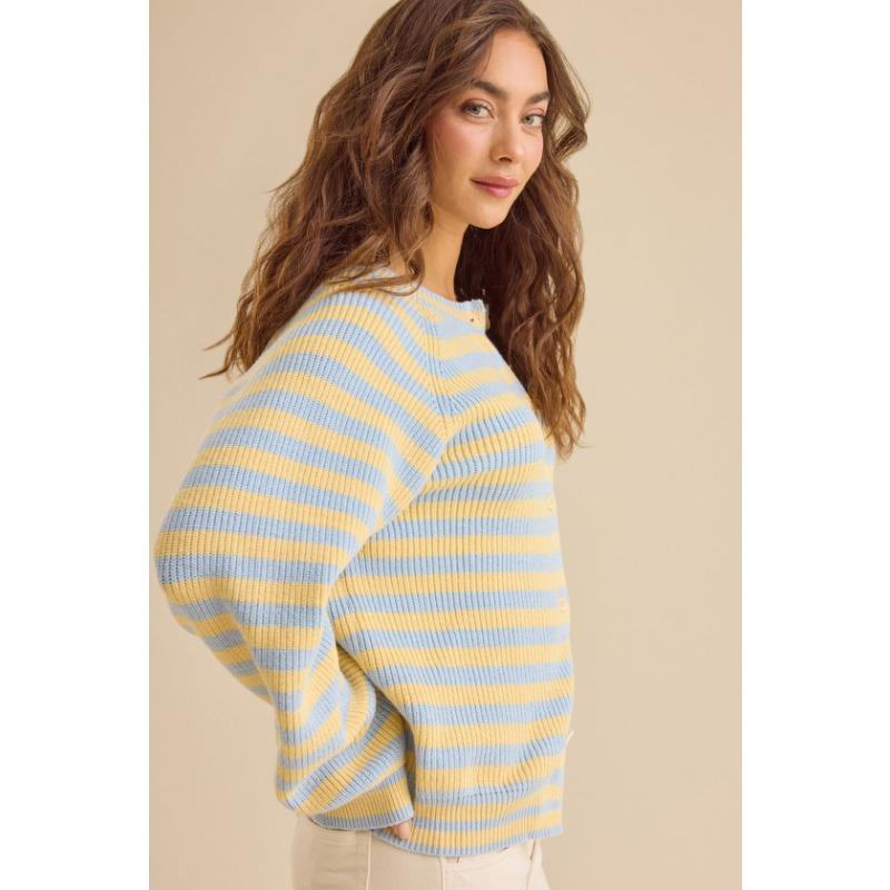 Women S Striped Crew Neck Loose Long Sleeve Knit Cardigan