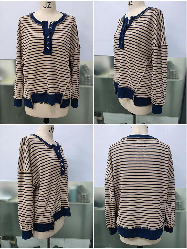 Color Block Long Sleeve Striped Button-Up Casual Sweater for Women - Autumn/Winter