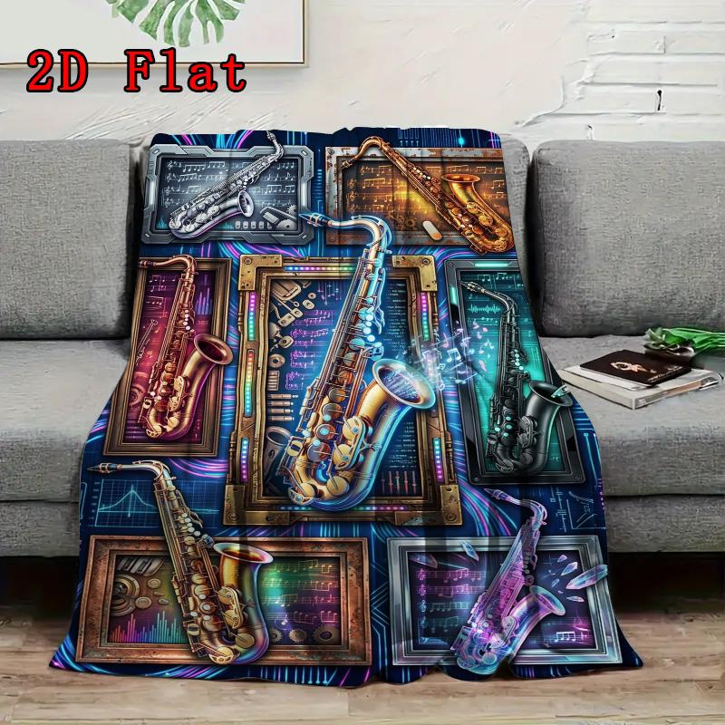 Saxophone Frames Notes 2D Flat Pattern Flannel Blanket, High Quality All Seasons, Home Decor, Warmth and Comfort, Perfect for Christmas Gifts.