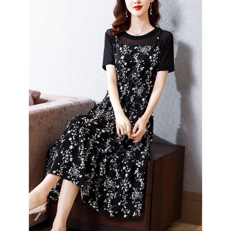 

Платье-комбинация Свободное Прилегающее Выглядит Круто Имитация Двойки Black Floral Dress 4XL