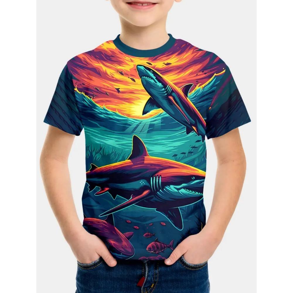 Summer Kids' T-Shirt Cartoon Shark Fishing Boy Casual Cool Round Neck Fashion Top