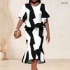 Women Plus Size Two Piece Outfit Round Neck Batwing Sleeve Geometric Printed Ruffle Hem Top Fishtail Skirt Set