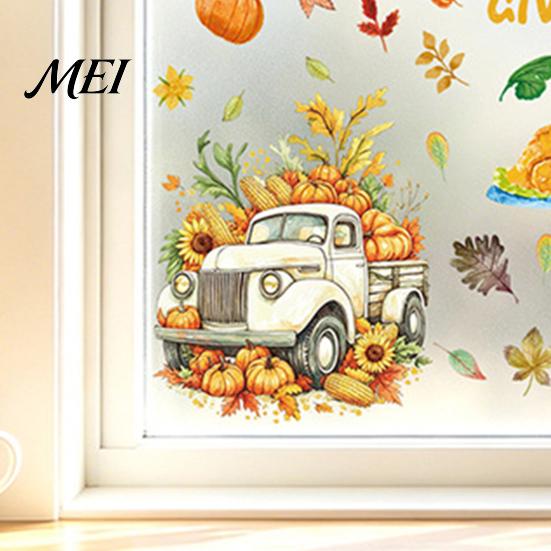 Thanksgiving Party Decor 4 Sheets Autumn Harvest Static Window Stickers, Maple Leaves Pumpkins Scarecrow Pickup Truck Decorative PVC Film Decals,