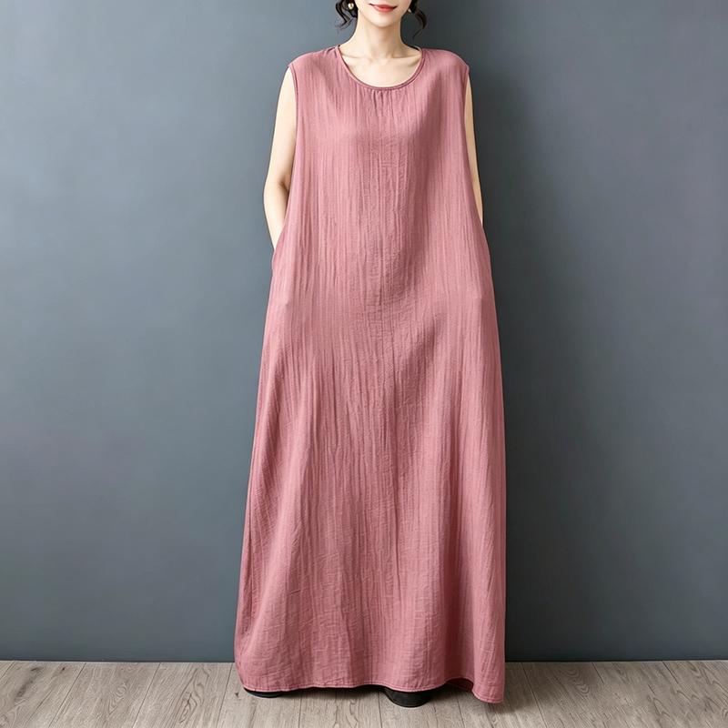 DIMANAF 2026 New Women Plus Size Summer Vintage Lady Long Dress Sleeveless Vest Loose Oversize Maxi Sundress Solid Cotton Linen