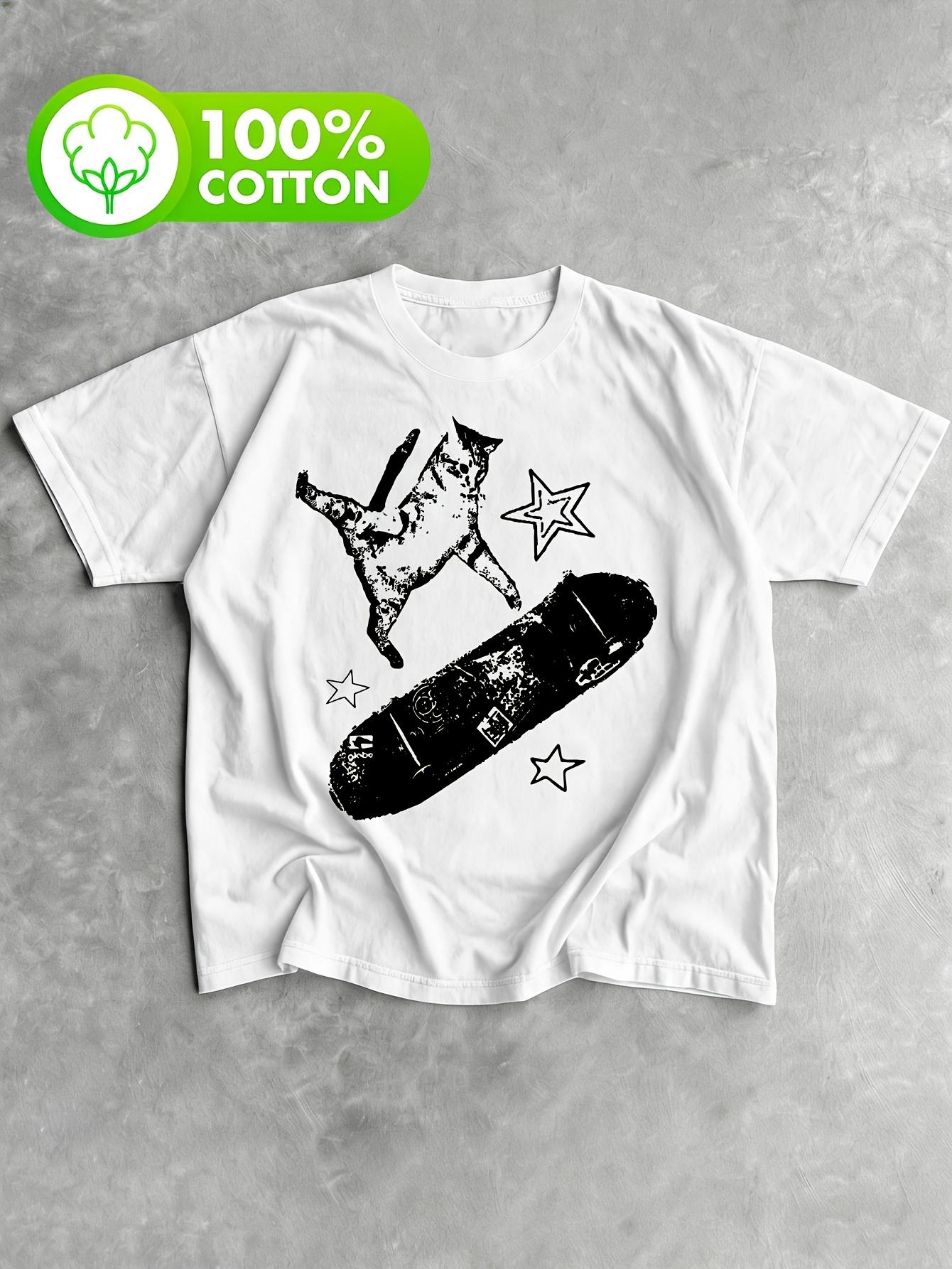 Skateboard Cat Y2K Printed Tshirt 90s Retro Tshirt Rock Aesthetic Cat Tshirt Retro Luxury Skateboard Forest Style Top S