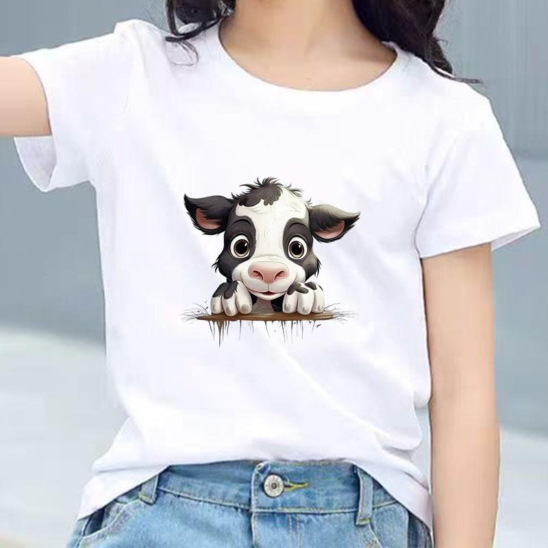 Kids Cotton T Shirt Black And White Cow Peeking Over Land Print Crew Neck Short Sleeve Tee Casual Boys Girls Summer Tops