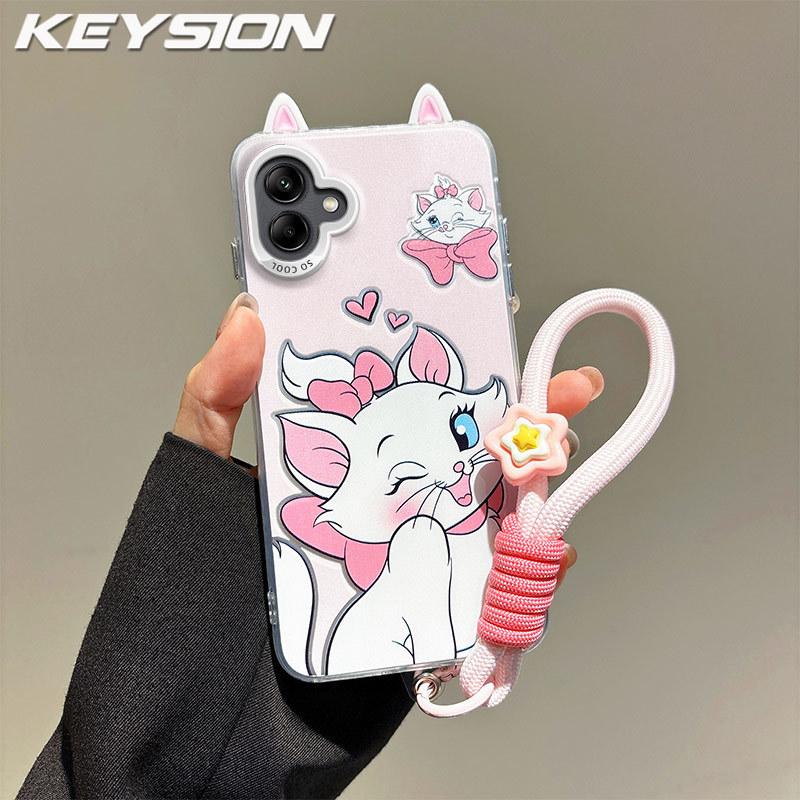 KEYSION Cute Ear Cartoon Case for Samsung A07 A06 4G A05 with Lanyard Soft Silicone+PC Shockproof Phone Cover for Galaxy A05 A06 A07