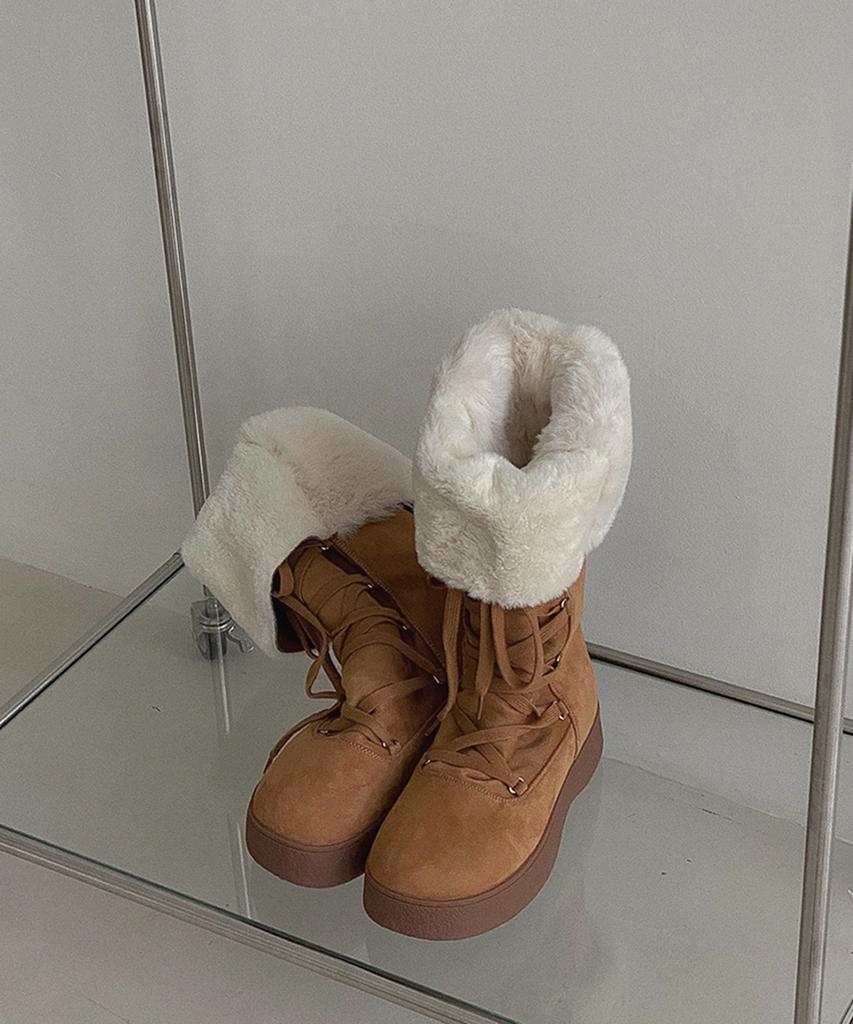 Moodnple Rorobi Warm Suede Long Lace Fur Boots 4Cm 2 Colors