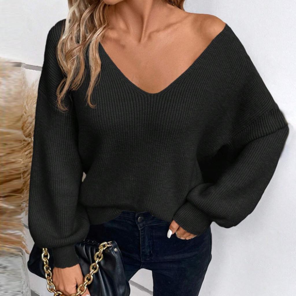 Women's Bow Knit Sweater Long Sleeve Backless V-Neck Drop Chunky Pullover Sweater