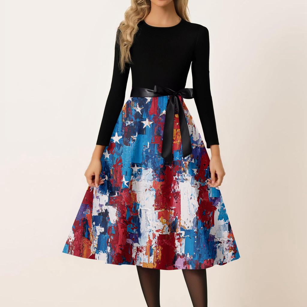 Women's Casual Fashion Round Neck Independence Day Print Retro Dress