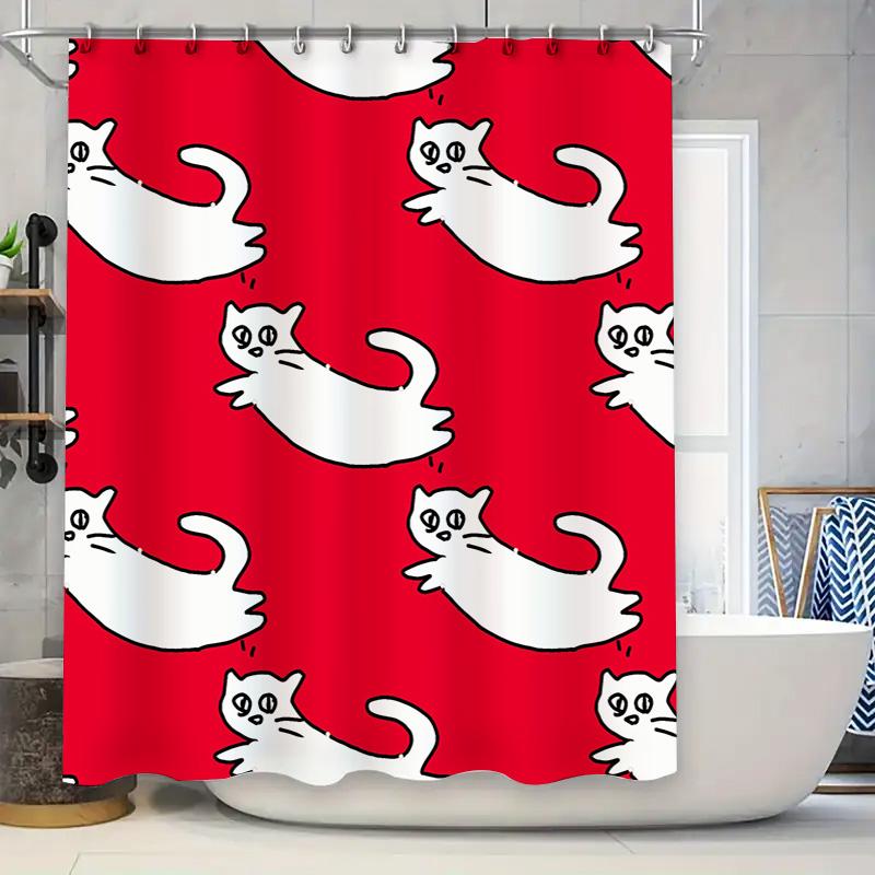 Red Shower Curtain with White Cats Pattern Bathtub Decorative Liner for Home Bathroom Accessories