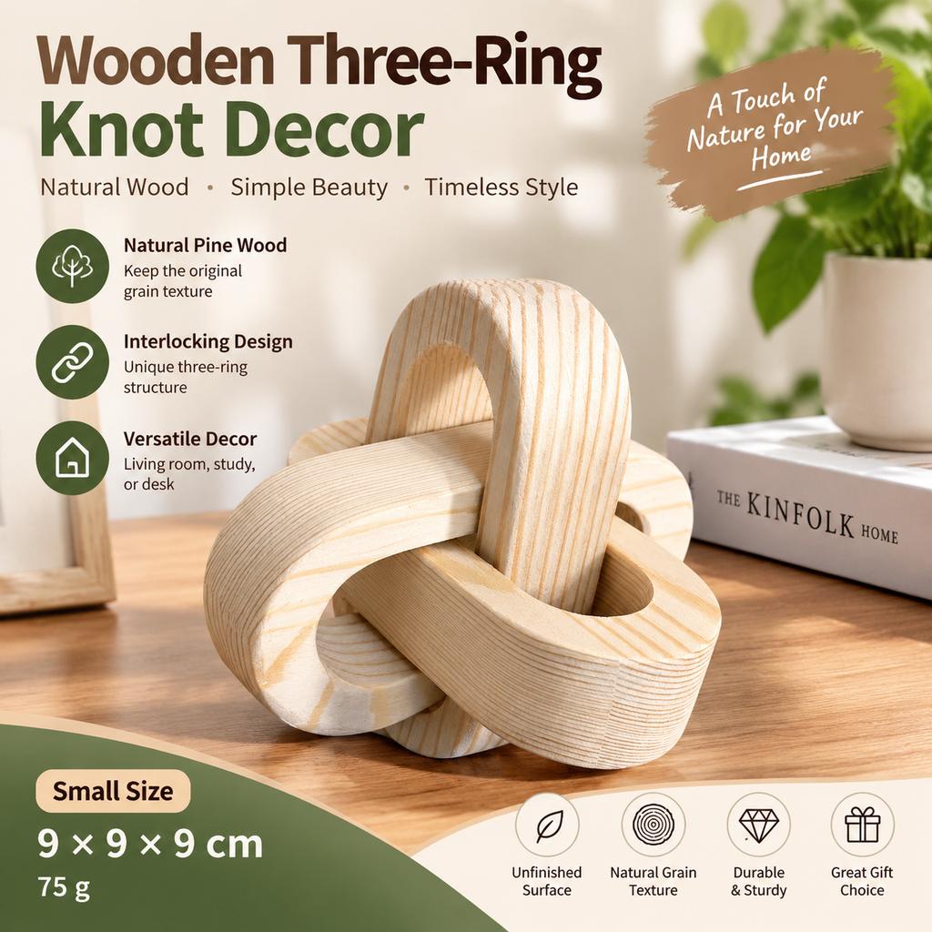 Wooden Three-Ring Knot Decor, 9 cm Wide-Ribbed Small, American Country Style, 4 Colors