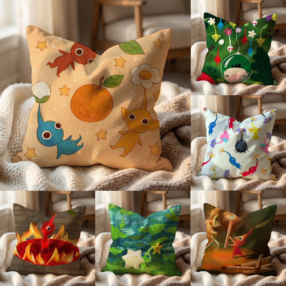 Cartoon Cute PIKMINS Cushion Cover Multi-Scene Pillow Cover for Home & Car - Reversible, Soft & Durable for Daily Use