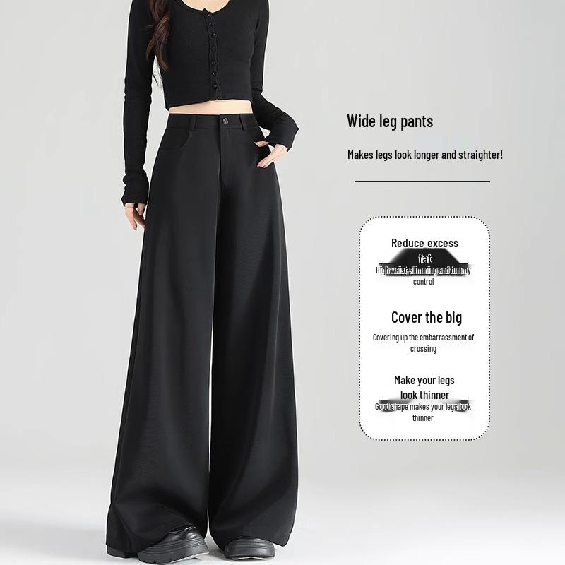 Women's 2025 Summer Black Wide-Leg Pants: Pear-Shaped, Slimming, High-End Drape, Loose Fit
