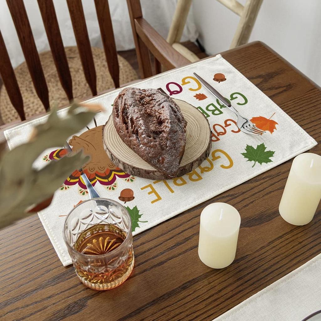 Artoid Mode Turkey Gobble Thanksgiving Placemats Set of 4, 12x18 Inch Maple Leaves Fall Table Mats for Outdoor Home Party Kitchen Dining Decoration