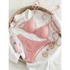 Women's Pink Cable Knit Bikini Set, Halter Triangle Two Piece Swimsuit with Pearl & Gold Chain Detail for Beach Vacation