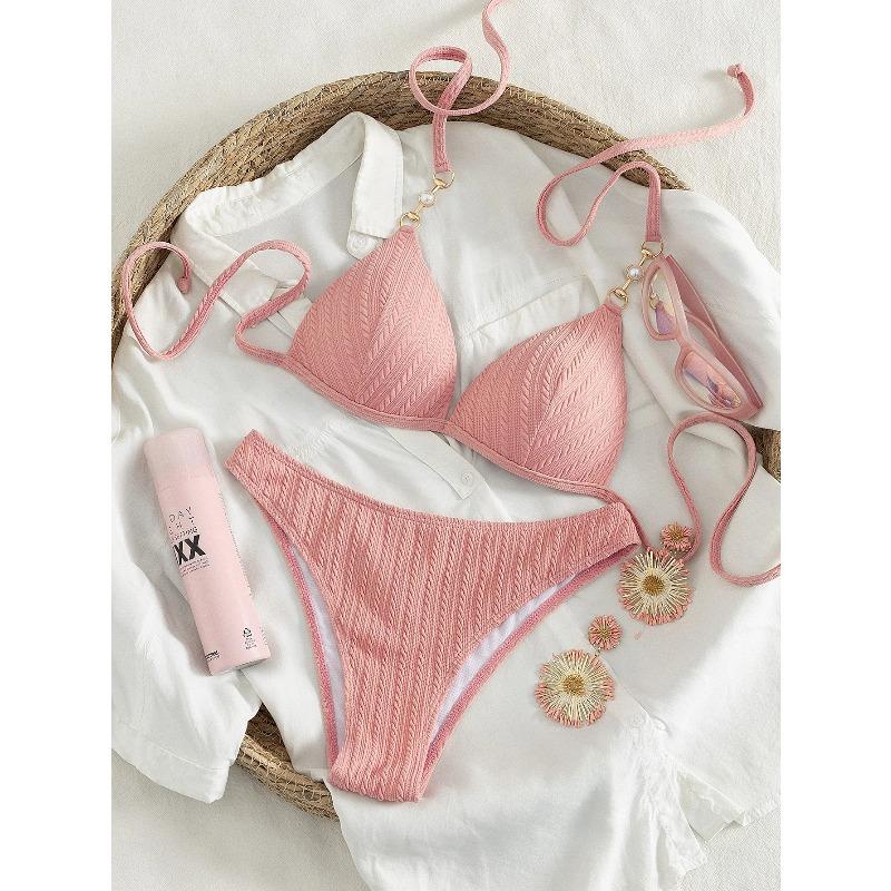 Women's Pink Cable Knit Bikini Set, Halter Triangle Two Piece Swimsuit with Pearl & Gold Chain Detail for Beach Vacation